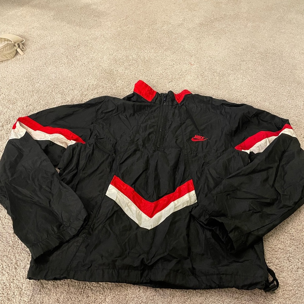 Nike Men's Black Windbreaker with Red and White Accents